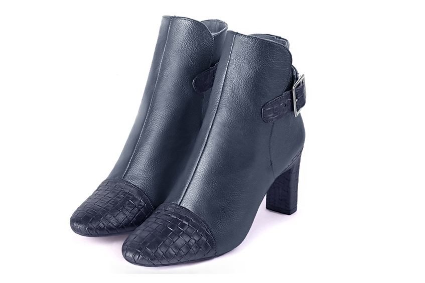 Navy blue women's ankle boots with buckles at the back. Round toe. High comma heels. Front view - Florence KOOIJMAN